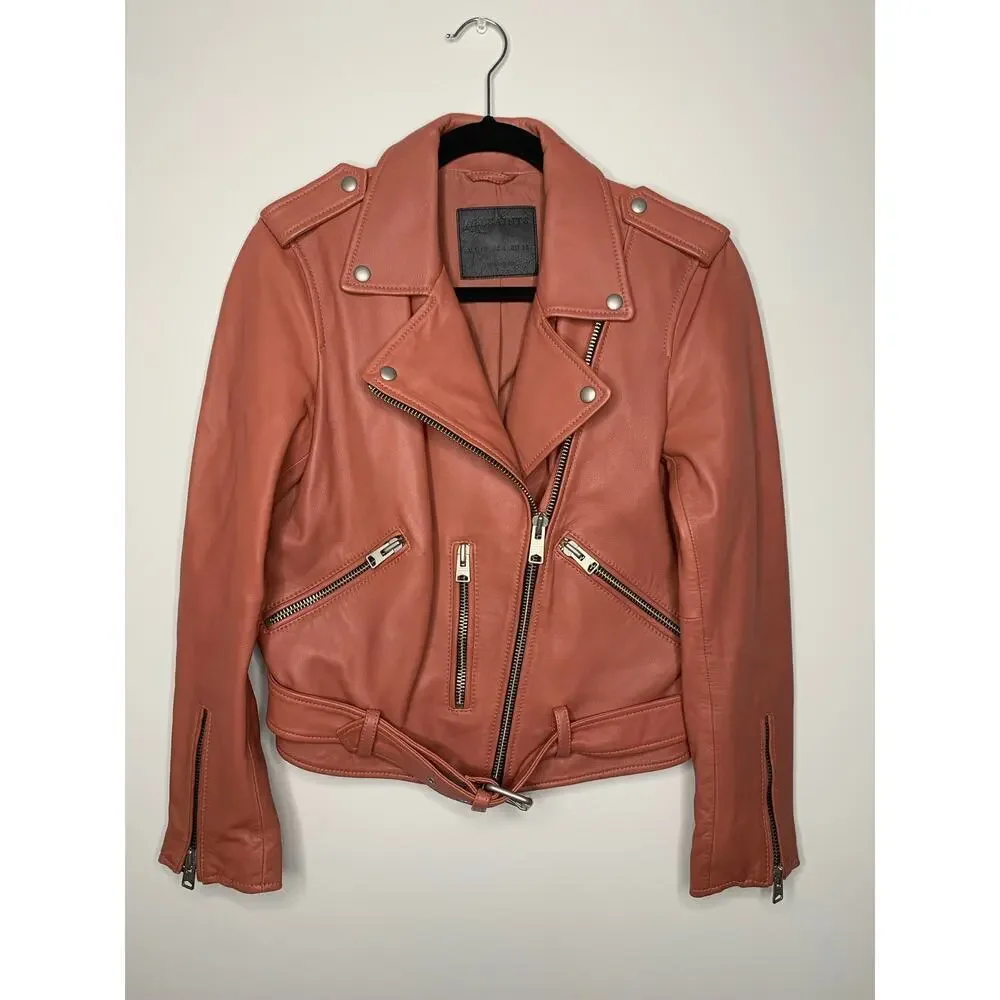 ALLSAINTS Balfern Leather Biker Jacket in Rose Wood Pink - Picture 7 of 13